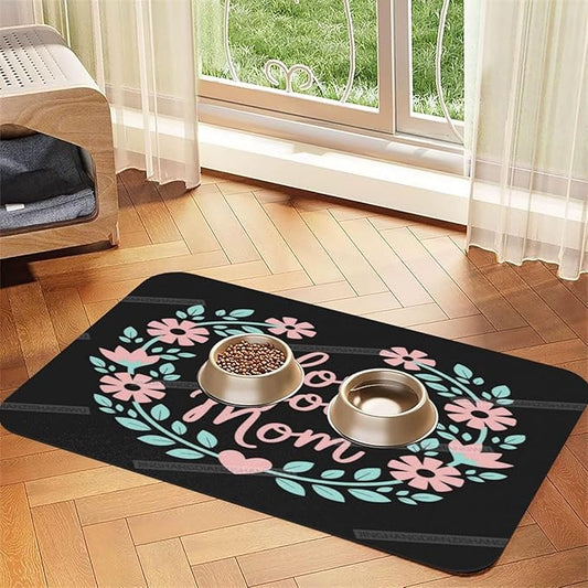 Pet Feeding Mat Happy Mother's Day Floral Gift for Mom Hj Dog Food Mat for Food Water No Stains Quick Dry Dispenser Cat Bowl Mats Messy Drinkers 24x16In