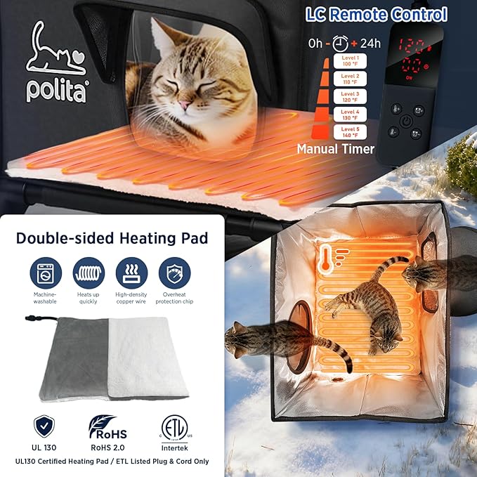 Polita Indestructible Heated Cat House for Outdoor Cats All Seasons, Extremely Insulated & 100% Weatherproof, Elevated Feral Cat Shelter with Waterproof Eaves &Safe Escape Door for Stray & Barn Cats