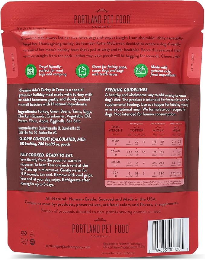 CRAFTED BY HUMANS LOVED BY DOGS Portland Pet Food Company Grandma Ada’s Turkey & Yams Wet Dog Food Pouches 5pk and Hopkin's Pork N’ Potato Wet Dog Food Pouches 5 pk Bundle