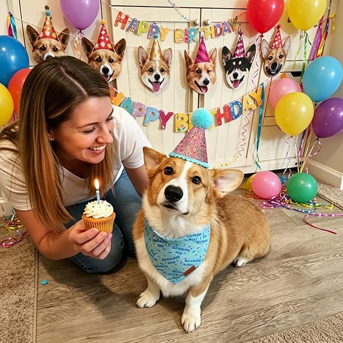 PTDECOR Dog Birthday Party Supplies, Blue Birthday Boy Bandana, Glitter Dog Birthday Hat with Numbers for Small Dogs Pets (Small)