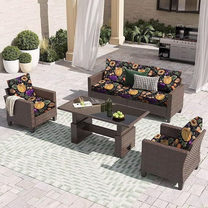 HANDONTIME 8Pcs Outdoor Patio Cushion Covers Pumpkin Stretch Couch Cushion Cover Patio Couch Slipcover for Outdoor/Indoor Washable Non-Slip Furniture Protector for Pet (Thanksgiving,Cover Only)