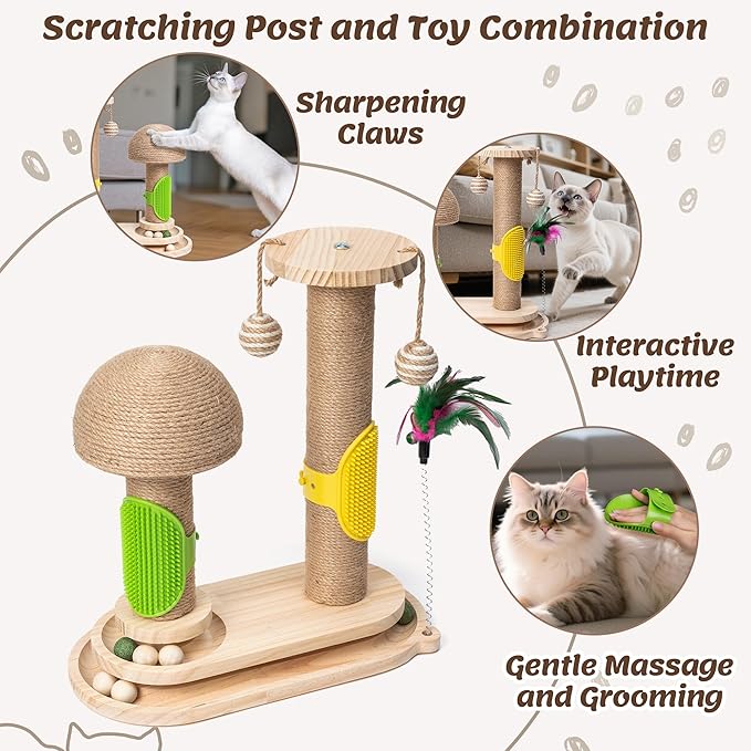 Cat Scratching Post Interactive - 5-in-1 Kitten Scratch Post Self Play Toy, Vertical Scratcher and Self Groomer for Indoor Cats, Small Pet Tree Climbing Tower with Dangling Plush Track Ball