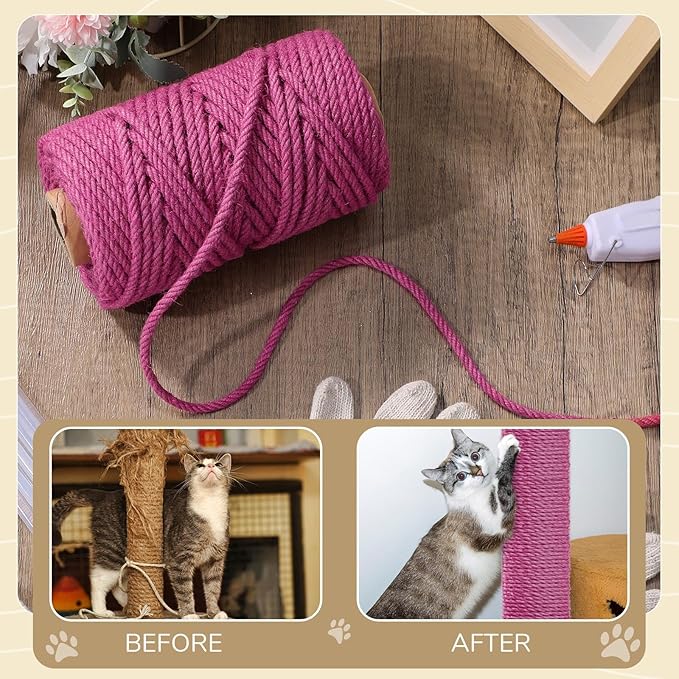 1/4inch ×164Ft Natural Cat Tree Hemp Rope, DIY Repair and Replace Scratching Post Sisal Rope for Scratching Post Cat Tree Tower DIY(Pink)