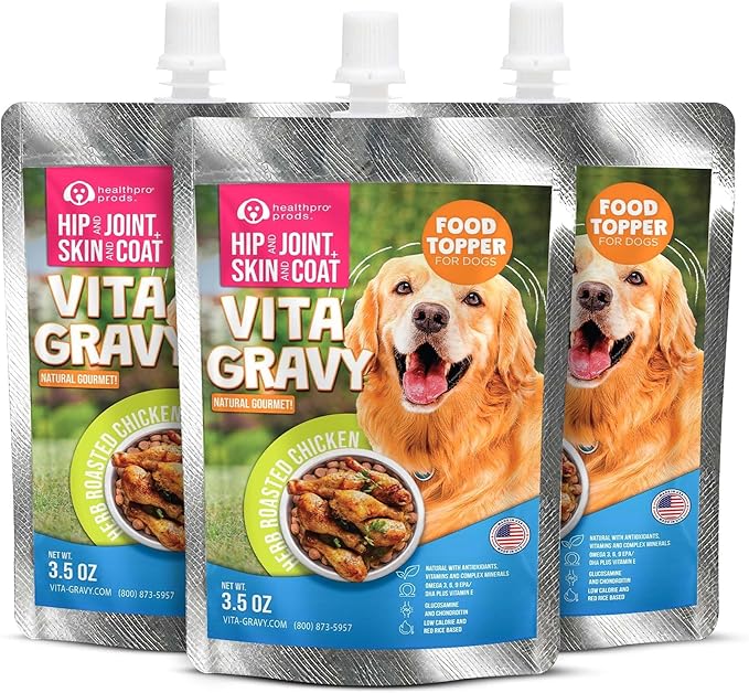 Healthpro VitaGravy® Dog Food Topper, Natural Dog Treat. Real, Herb Roasted Chicken Purée Delicious and Delightful. Dogs Love its Irresistable Real Human, Food-Grade Ingredients! 3.5oz, 3 Pk