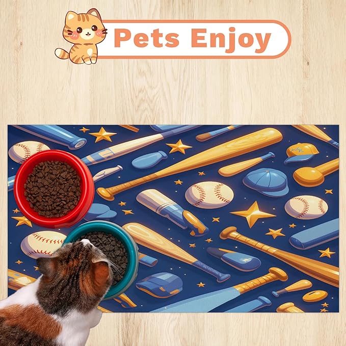 Baseball Dog Food Mat for Floors Absorbent, Quick Dry Water Dispenser Mat for Food, Water, Pet Supplies 16" x 24", USA