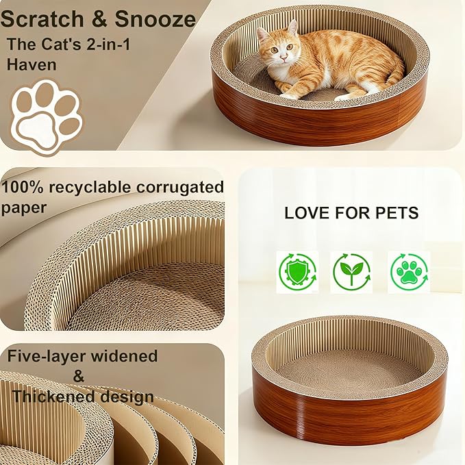 Cat Scratcher Post & Board, Round Cat Scratching Lounge Bed, Durable Pad Prevents Furniture Damage, 17.32'' x 17.32''x 6.11''