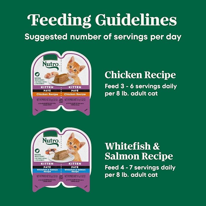 Nutro Perfect Portions Wet Kitten Food Pate Chicken Recipe and Whitefish and Salmon Recipe, Pate Wet Cat Food, 2.6 oz. Twin-Pack Trays, 12 Count, 24 Servings