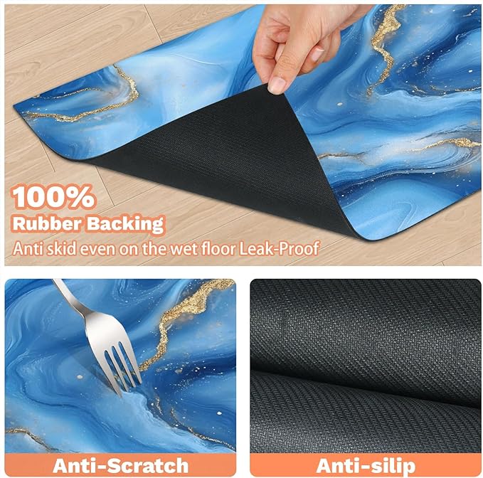 Marble Dog Food Mat for Floors Absorbent, Quick Dry Water Dispenser Mat for Food, Water, Pet Supplies 17" x 30", Blue Abstract