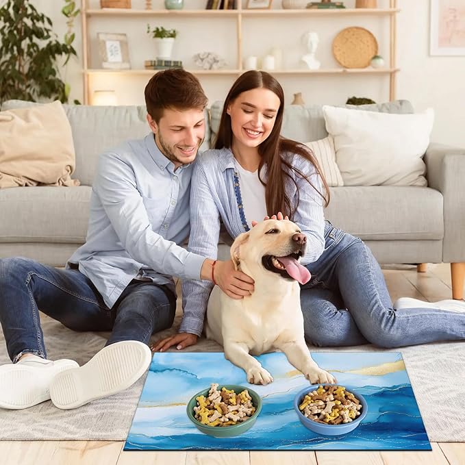 Marble Dog Food Mat for Floors Absorbent, Quick Dry Water Dispenser Mat for Food, Water, Pet Supplies 12" x 20", Blue Gold Marble