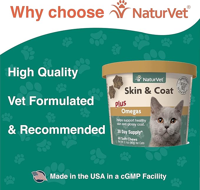 NaturVet – Skin & Coat Plus Omegas for Cats – 60 Soft Chews | Supports Healthy Skin & Glossy Coat | & VitaPet Senior Daily Vitamins for Cats, Formulated to Provide Essential Minerals, 90 g, 60 Count