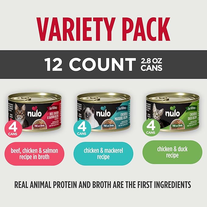 Nulo Paté with Shreds Variety Pack for Kittens, 2.8 oz can, Case of 12