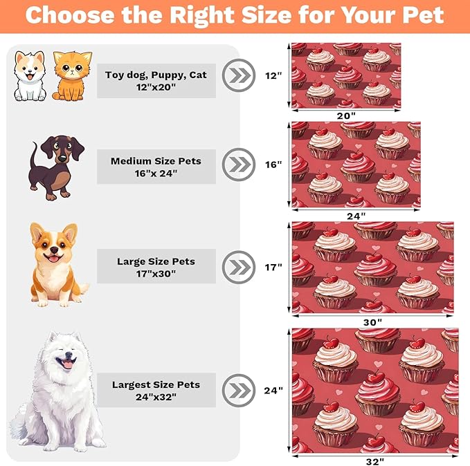Cup Cake Dog Food Mat for Floors Absorbent Dog Bowl Mat for Food and Water Dispenser Quick Dry Cat Food Placemat Pet Supplies 16" x 24", Cherry Print