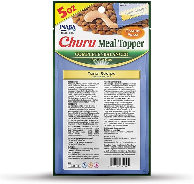 INABA Churu Meal Topper for Dogs, Complete & Balanced, Creamy, Lickable Purée Dog Food Toppers, 1.69 Ounce Tube, 18 Tubes (3 per Pack), Tuna Recipe
