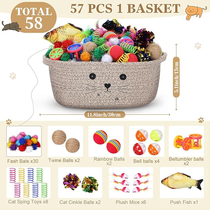 Zopeal 58 Pcs Easter Cat Storage Basket Gift Toys Set, Colorful Flashing Balls Pet Bell Crinkle Balls Spring Toys Attract Cat to Swat, Hunt, Interactive for Pet(Dark Brown,12 Inch)