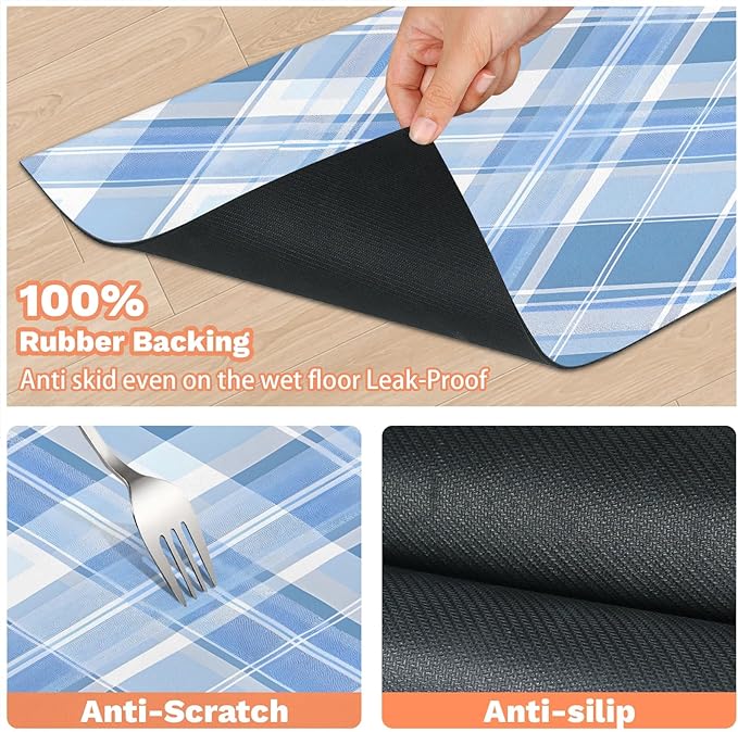 Buffalo Plaid Dog Food Mat for Floors Absorbent, Quick Dry Water Dispenser Mat for Food, Water, Pet Supplies 12" x 20", Blue Check