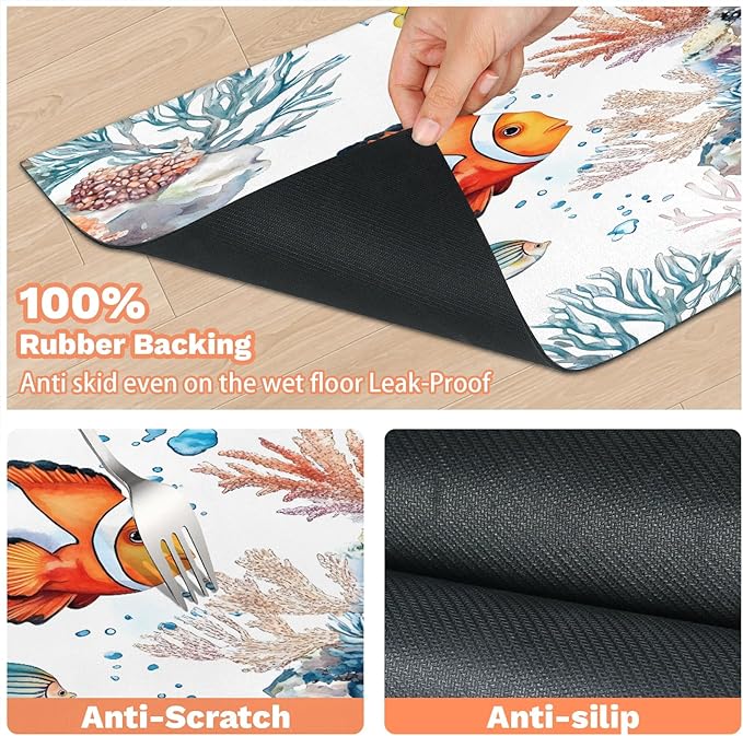 Colorful Fish Dog Food Mat for Floors Absorbent Dog Bowl Mat for Food and Water Dispenser Quick Dry Cat Food Placemat Pet Supplies 12" x 20", Ocean Underwater World