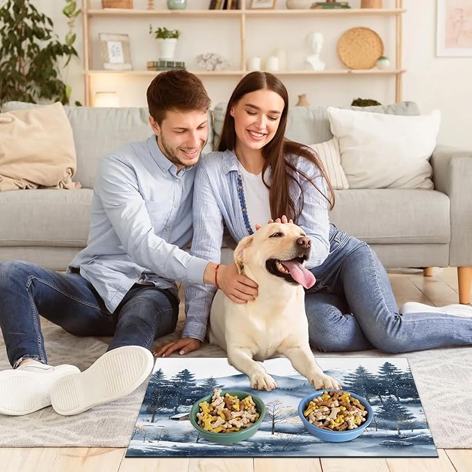 Rustic Villages Dog Food Mat for Floors Absorbent, Quick Dry Water Dispenser Mat for Food, Water, Pet Supplies 12" x 20", Winter Snowflake
