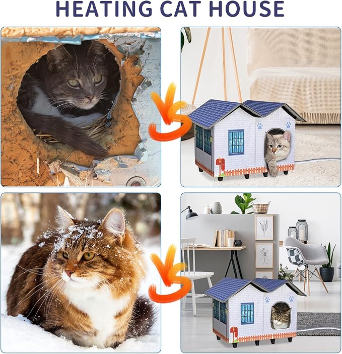 Heated Cat Houses for Indoor/Outdoor Cats with Elevated Heated Cat Bed Waterproof Providing Safe Feral Cats, Easy to Assemble