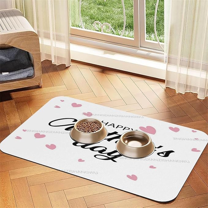 Pet Feeding Mats with Residue Collection Happy Mother's Day Floral Gift for Mom Fb Waterproof Dog Cat Bowl Mat 18X12In with Prevent Water Food Spills