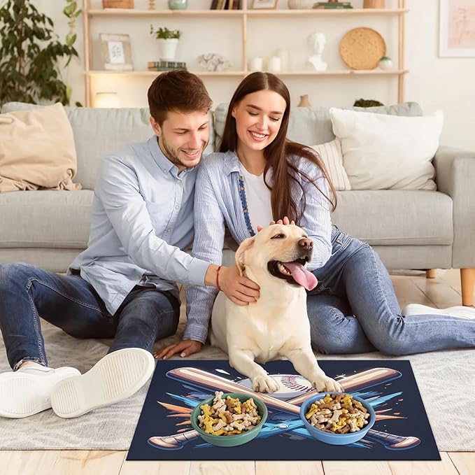 Baseball Bat Dog Food Mat for Floors Absorbent, Quick Dry Water Dispenser Mat for Food, Water, Pet Supplies 17" x 30", Sport Theme