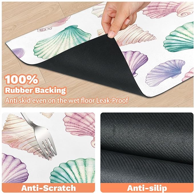 Seashells Dog Food Mat for Floors Absorbent Dog Bowl Mat for Food and Water Dispenser Quick Dry Cat Food Placemat Pet Supplies 12" x 20", Nautical Coastal