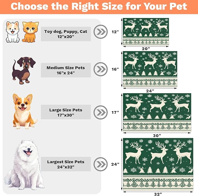 Xmas Deer Dog Food Mat for Floors Absorbent, Quick Dry Water Dispenser Mat for Food, Water, Pet Supplies 24" x 32", Snowflake Tree