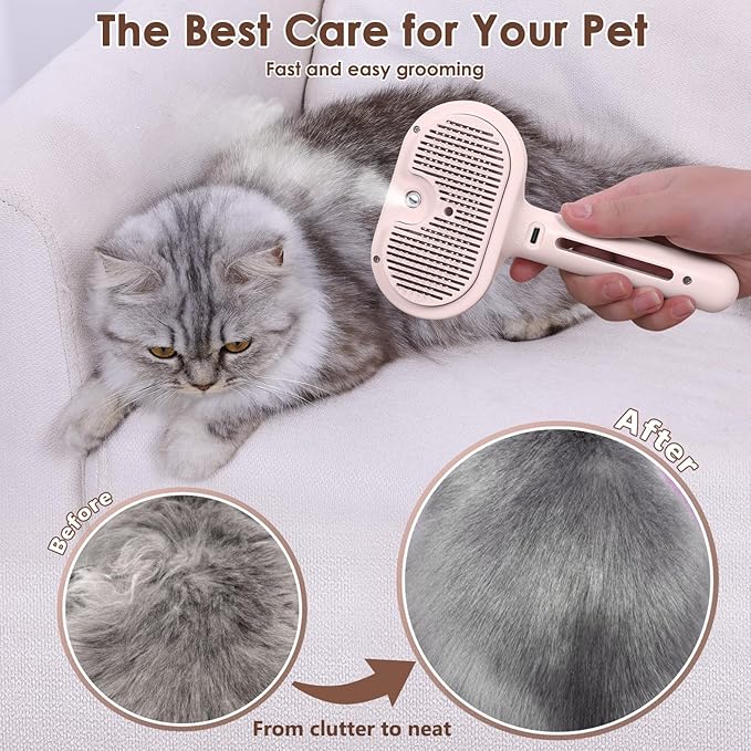 Cat Steam Brush - Anti-Static Rechargeable Steamy Brush for Cats and Dogs, Removes Flying Hair with Release Button and Tank - Pink