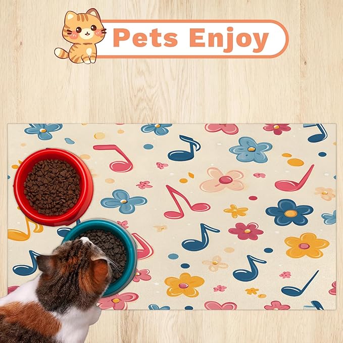 Music Note Dog Food Mat for Floors Absorbent Dog Bowl Mat for Food and Water Dispenser Quick Dry Cat Food Placemat Pet Supplies 24" x 32", Colorful Floral