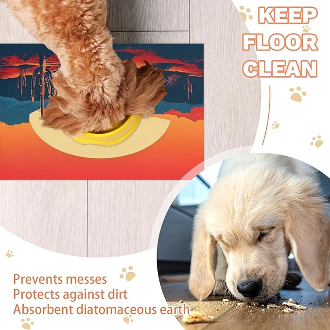 Boho Sunrise Dog Food Mat for Floors Absorbent, Quick Dry Water Dispenser Mat for Food, Water, Pet Supplies 16" x 24", Desert Cactus