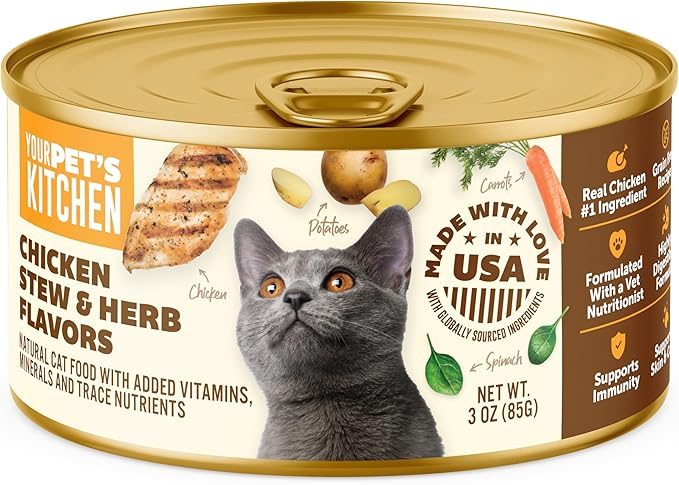 Your Pet's Kitchen Canned Wet Cat Food, Chicken Stew & Herb Flavors - 3 oz Cans (Pack of 24), Made in The USA with Real Chicken