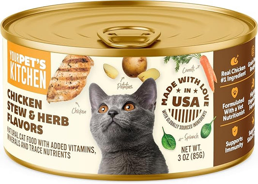 Your Pet's Kitchen Canned Wet Cat Food, Chicken Stew & Herb Flavors - 3 oz Cans (Pack of 24), Made in The USA with Real Chicken