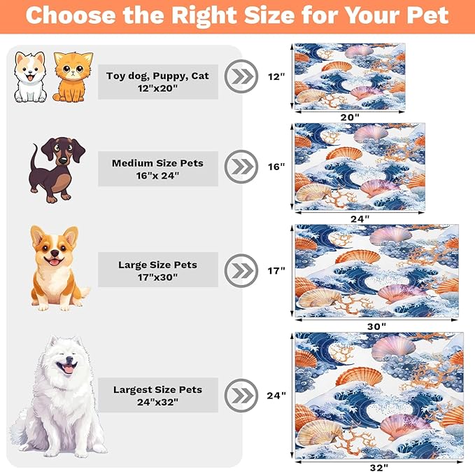 Nautical Coastal Dog Food Mat for Floors Absorbent Dog Bowl Mat for Food and Water Dispenser Quick Dry Cat Food Placemat Pet Supplies 17" x 30", Colorful Seashell