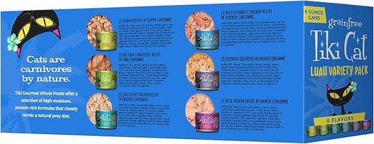 Tiki Cat Luau Variety Pack, Succulent Combinations of Real Shredded Protein in a Rich Flavorful Consumme, Grain-Free Balanced Nutrition Wet Canned Cat Food, for All Life Stages, 6 oz. Can (8 Count)