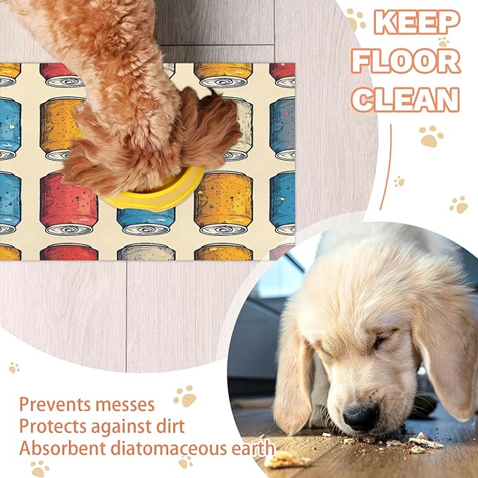 Vintage Beverage Dog Food Mat for Floors Absorbent Dog Bowl Mat for Food and Water Dispenser Quick Dry Cat Food Placemat Pet Supplies 12" x 20", Colorful