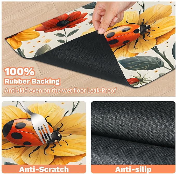Ladybird Dog Food Mat for Floors Absorbent, Quick Dry Water Dispenser Mat for Food, Water, Pet Supplies 12" x 20", Flower