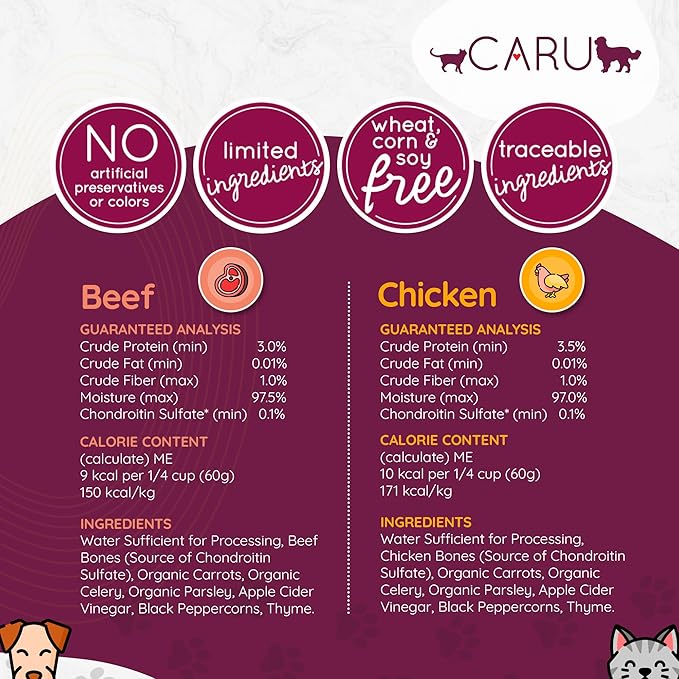 Caru - Classics Grass-Fed Beef Bone Broth and Classics Free Range Chicken Bone Broth - Healthy Functional Food Topper for Dogs & Cats - 6 Pack - Variety Pack