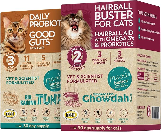 Meowbiotics Cat Probiotic Supplement – Digestive Health, Immune Support & Hairball Relief with Good Guts and Hairball Buster Variety Pack – Food Topper Supplement – Made in USA – 30-Day Supply Each