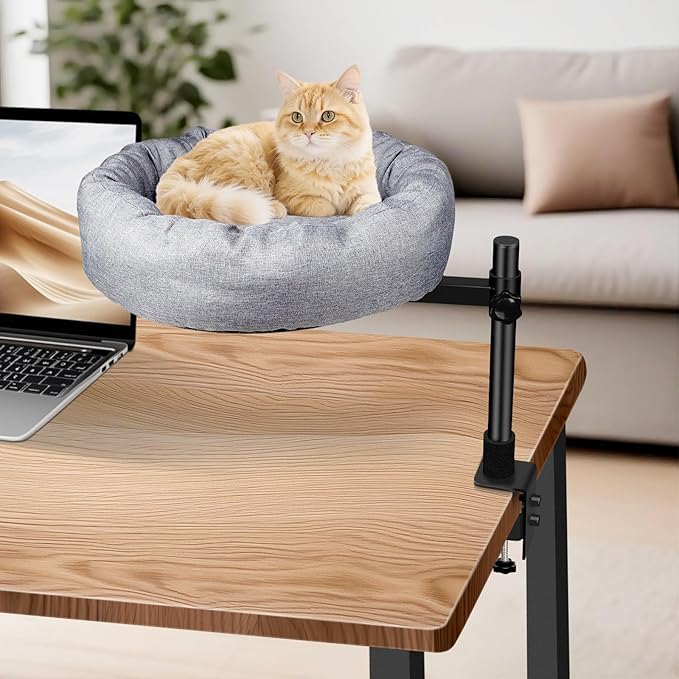 Desk nest cat Bed，cat Bed for Desk Attachment with Soft and Thick Cushions ，Rotation & Adjustable Height -Cats Up to 45 lbs (Grey) ，Cat Bed Desk attachmen for Home Office