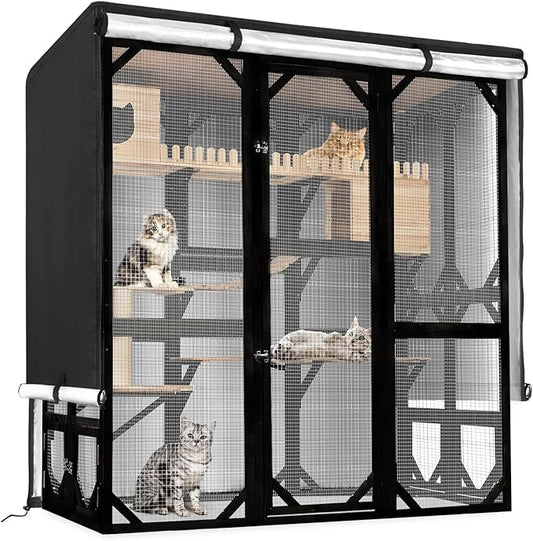 Catio Cover,73"L x 40"W x 73"H Cover for Catio Outdoor Cat Enclosure Waterproof, 420D Cat Cage Covers for FunXplore Large Cats Catios, Outdoor Cats Enclosure Covers(Black)(Catios Not Included)
