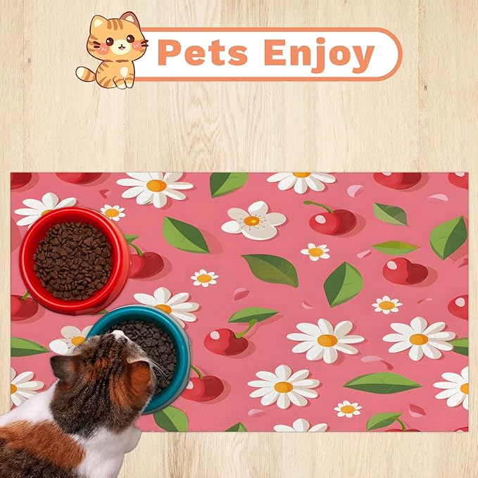 Cute Fruit Dog Food Mat for Floors Absorbent Dog Bowl Mat for Food and Water Dispenser Quick Dry Cat Food Placemat Pet Supplies 24" x 32", Daisy Cherry