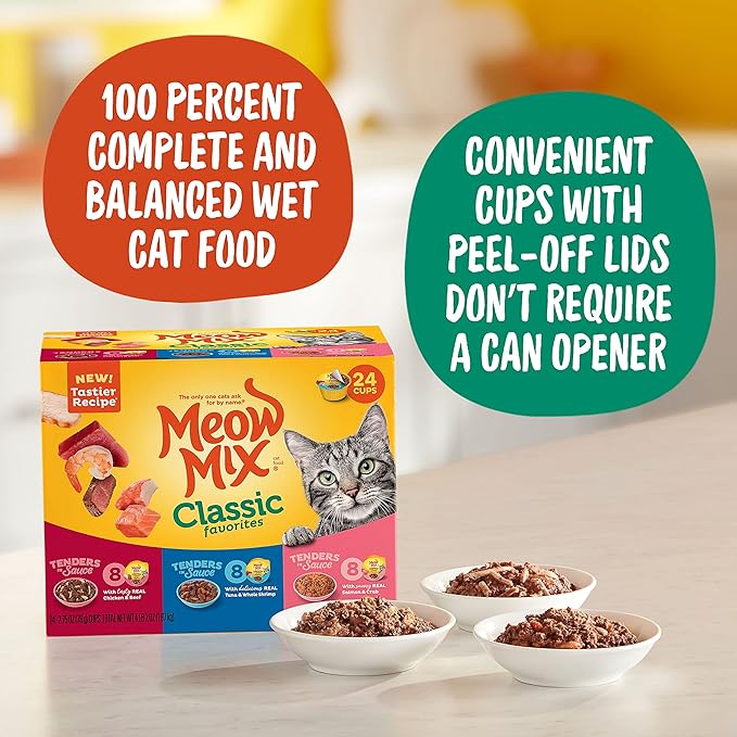 Meow Mix Tenders in Sauce Classic Favorites Wet Cat Food Variety Pack,2.75 Ounce Cup,(Pack of 96)