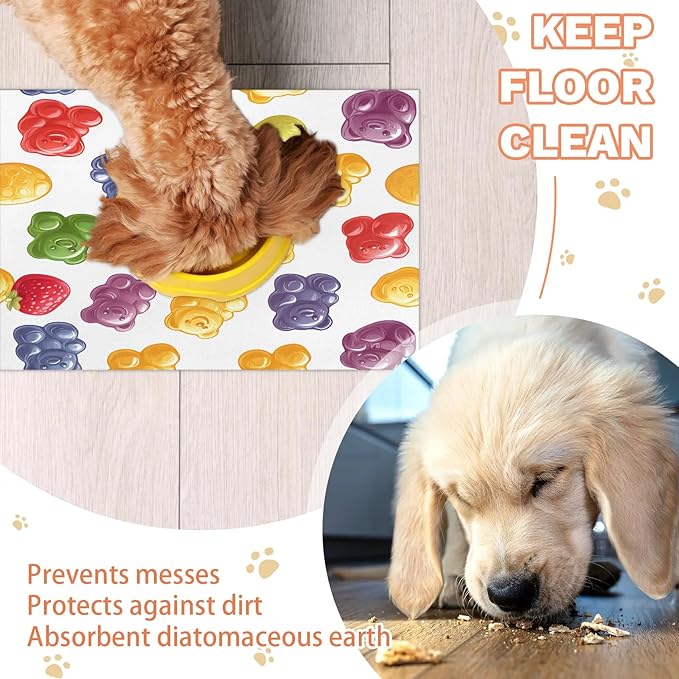 Bears Candy Dog Food Mat for Floors Absorbent Dog Bowl Mat for Food and Water Dispenser Quick Dry Cat Food Placemat Pet Supplies 16" x 24", Colorful Fruit