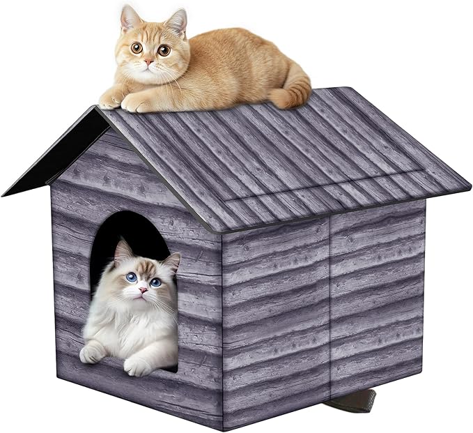 Outdoor Cat House Cat House for Outdoor and Indoor Use - Waterproof Shelter for Cats, Dogs, and Feral Animals (Grey Wood Color, Medium)