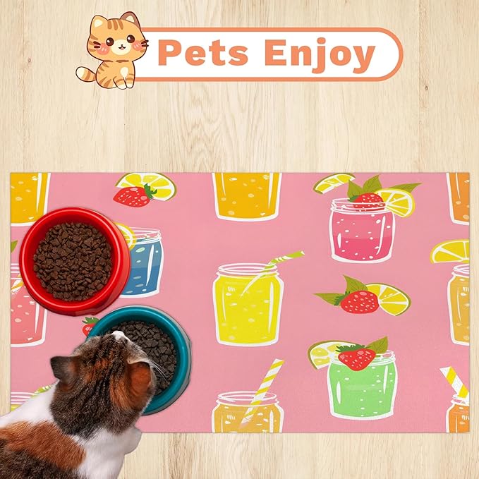 Cool Juice Dog Food Mat for Floors Absorbent Dog Bowl Mat for Food and Water Dispenser Quick Dry Cat Food Placemat Pet Supplies 17" x 30", Lemon Strawberry