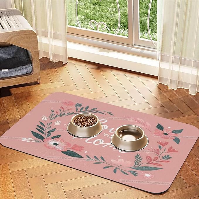 Dog Food Mat for Floors Absorbent Quick Drying Happy Mother's Day Floral Gift for Mom Hu Pet Cat Food Mat Easy-to-Clean Pet Feeding Mats Dog Bowl Mats 24x16In