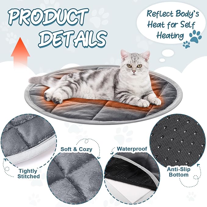 2 Pcs Self Warming Cat Mat Round Self Heating Pad Bed Reversible Machine Washable Heated Bed Anti Slip Warming Pad Pet Mat for Cat Crate Indoor Outdoor(Gray,19 Inch)