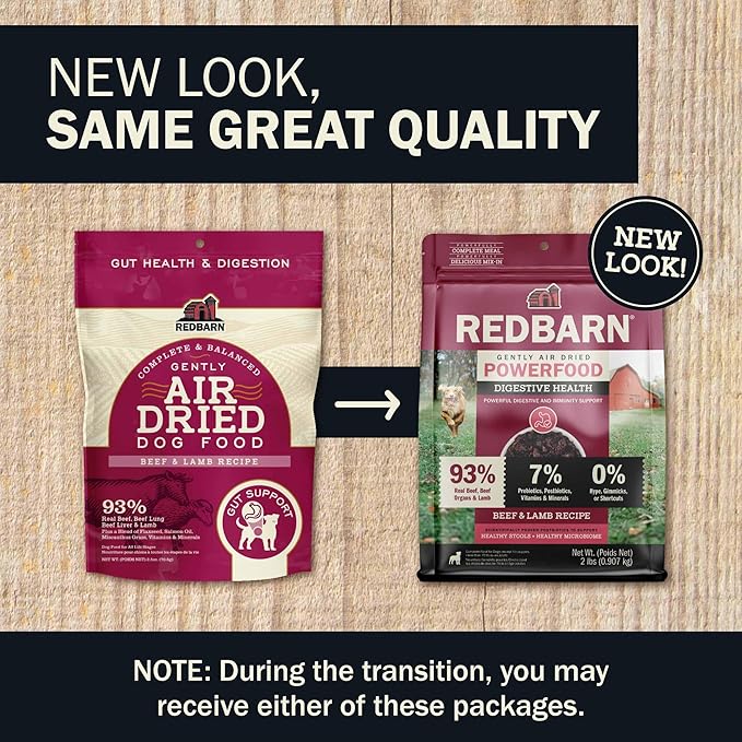 Redbarn Powerfood Air Dried Dog Food for Digestive Gut Health - 93% Beef, Beef Organs & Lamb with Prebiotics & Postbiotics - Non-GMO Dry Full Feed or Topper Made in USA - 2lb
