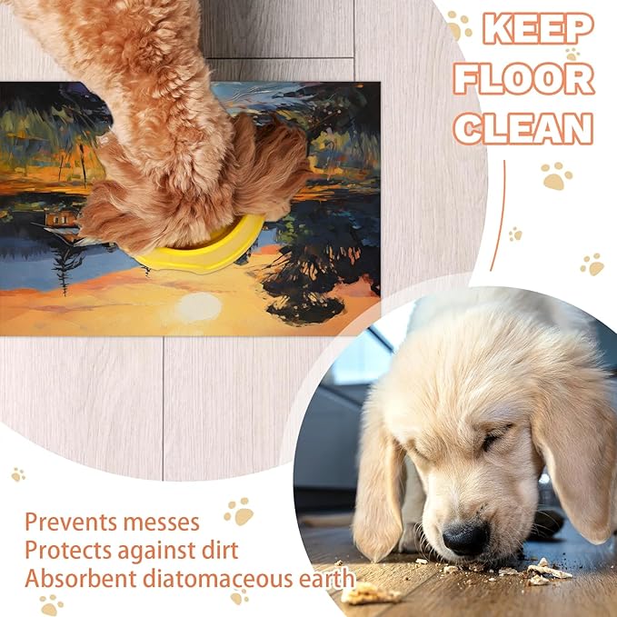 Nature Forest Dog Food Mat for Floors Absorbent, Quick Dry Water Dispenser Mat for Food, Water, Pet Supplies 17" x 30", Rustic Cabin