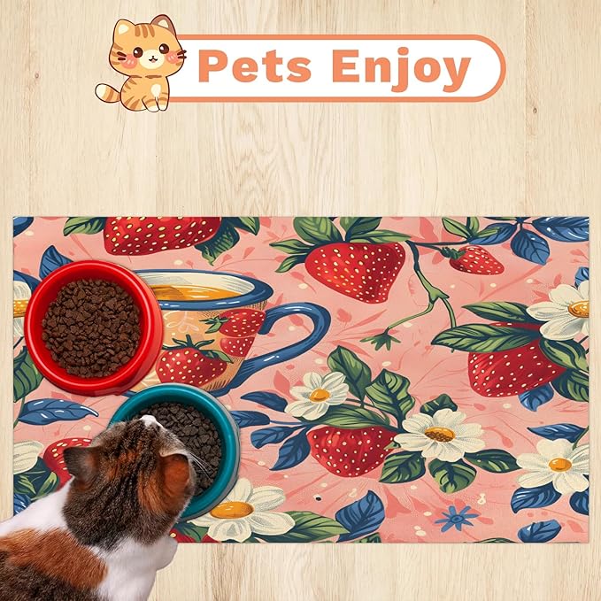 Red Strawberry Dog Food Mat for Floors Absorbent Dog Bowl Mat for Food and Water Dispenser Quick Dry Cat Food Placemat Pet Supplies 24" x 32", Flower