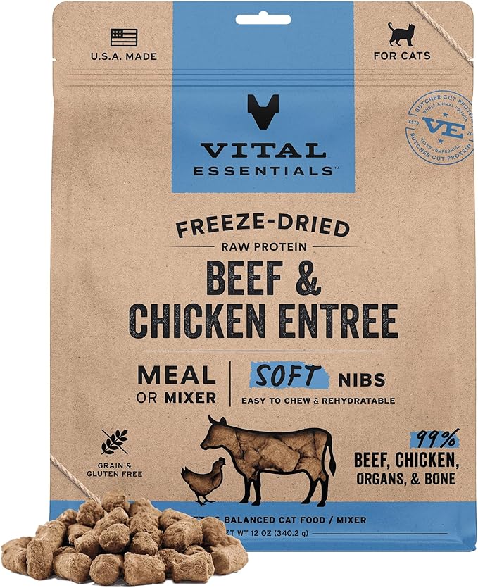 Vital Essentials Freeze Dried Cat Food, Raw Beef & Chicken Soft Nibs | Complete Meal or Topper | 99% Beef, Chicken, Organs & Bone | High Protein, Grain Free Dry Cat Food | 12 oz Bag